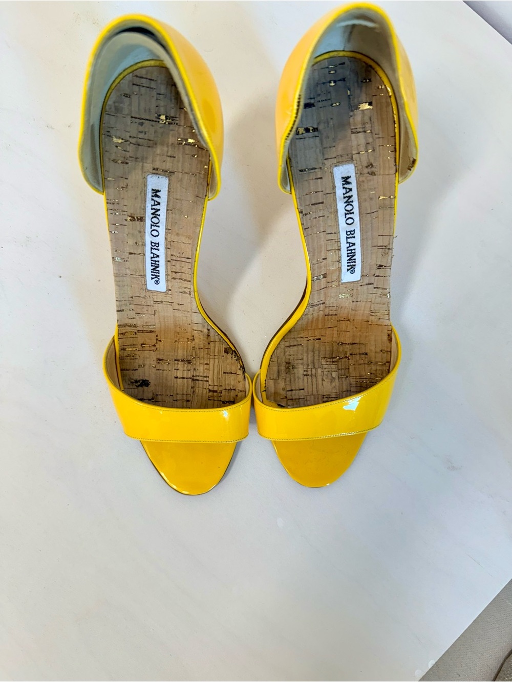 Manolo Blahnik Yellow Patent Open-Toe Heels